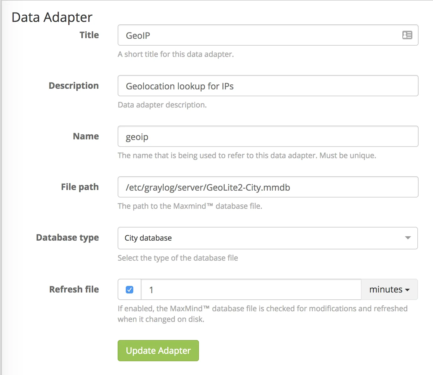 Graylog data adapter form for GeoIP, pointing at GeoLite2-City.mmdb with the City database type