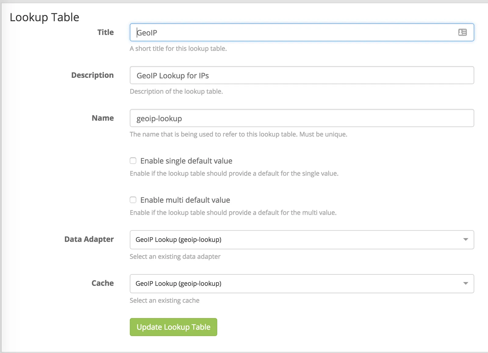 Graylog lookup table form for GeoIP, with its data adapter and cache both set to geoip-lookup