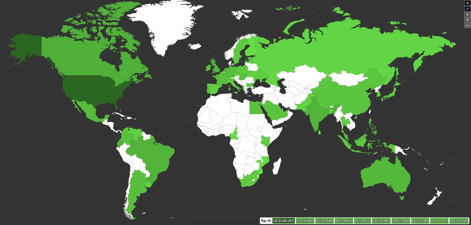 World map of DEF CON 28 OpenSOC participation by country, led by the US, Canada, Ecuador and Brazil