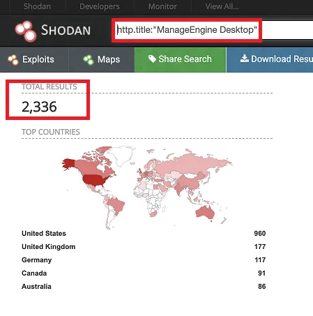Figure 2 - Vulnerable Desktop Central servers searchable on Shodan