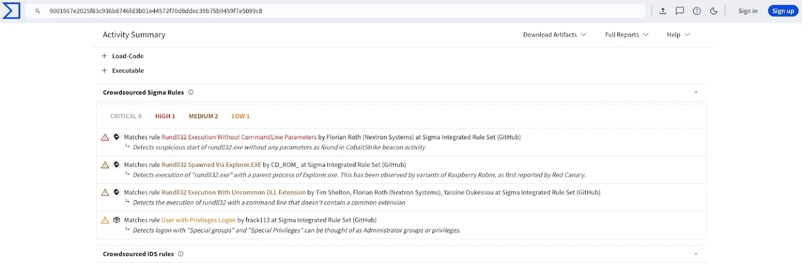 VirusTotal crowdsourced Sigma rules panel listing four rule matches for a file, three of them on rundll32 execution