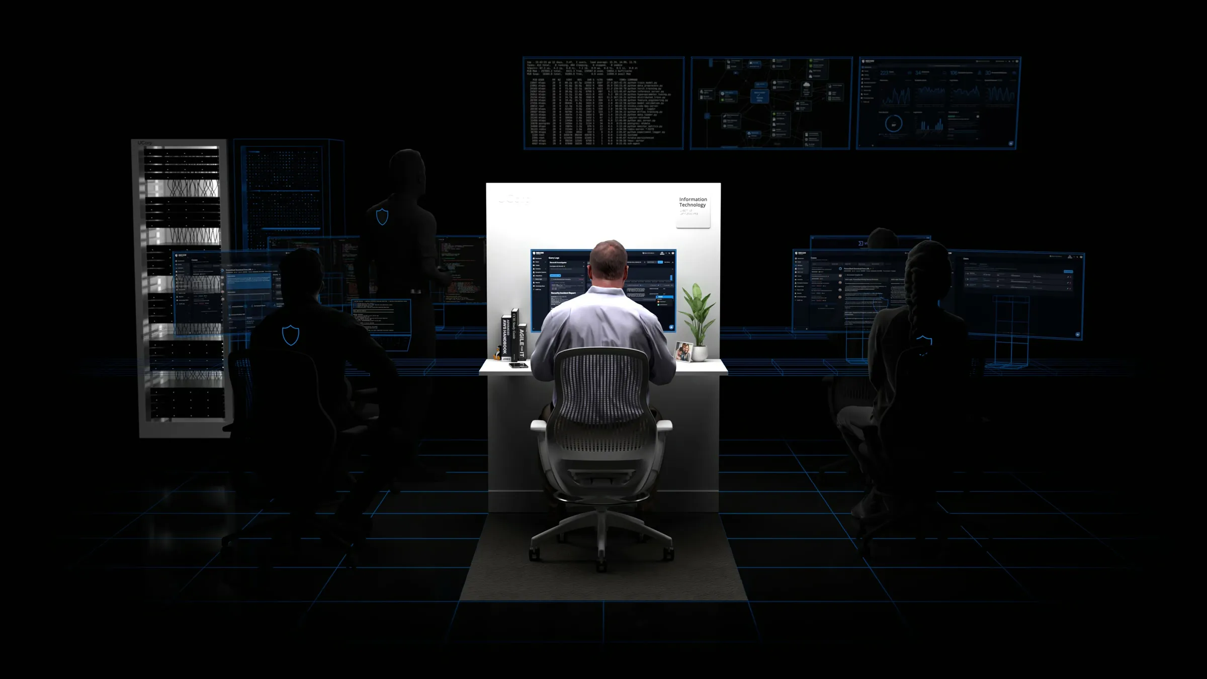 A security operations centre: Recon analysts, engineers, and hunters at work around a customer at their own desk.