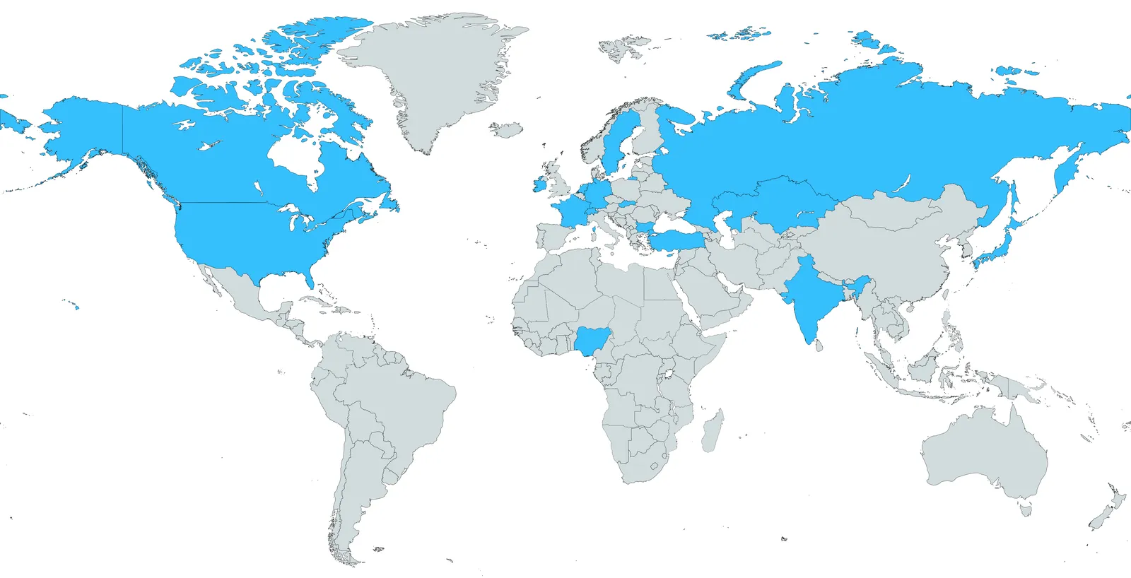 World map highlighting the countries SOC X 2021 teams competed from, across North America, Europe and Asia
