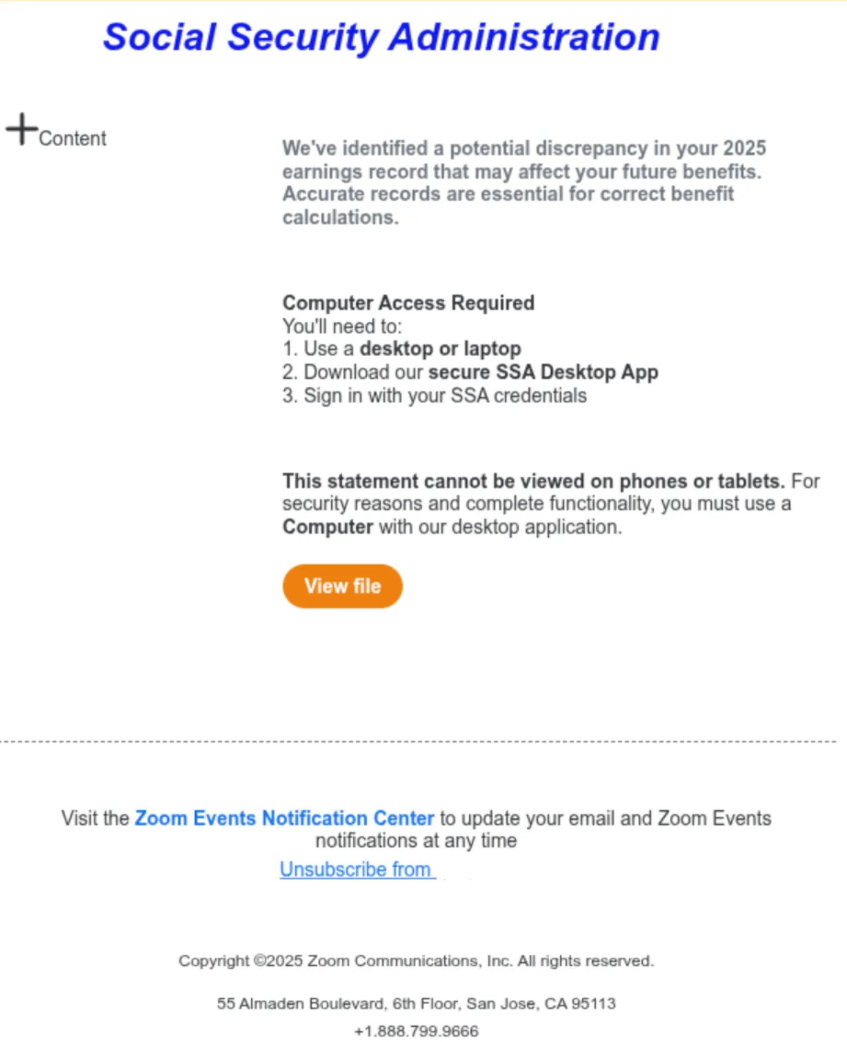 Zoom Events email posing as the Social Security Administration, urging the reader to download an SSA desktop app
