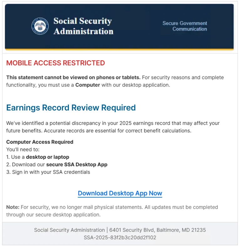 Zoom doc page styled as an SSA earnings record review, with a Download Desktop App Now link