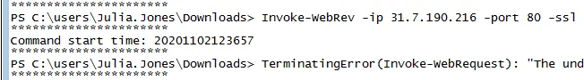 PowerShell transcript log showing Invoke-WebRev run against 31.7.190.216 from a user’s Downloads folder