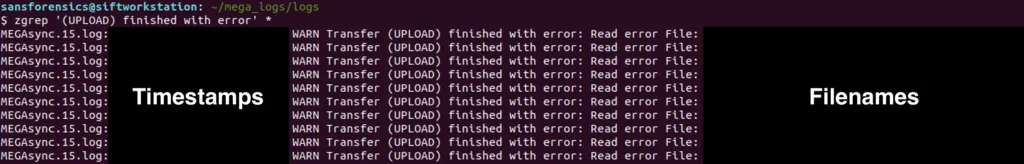 zgrep output of upload transfers that finished with a read error, with timestamps and filenames redacted