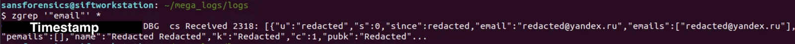 zgrep for email in the MEGAsync logs, showing a redacted yandex.ru account address