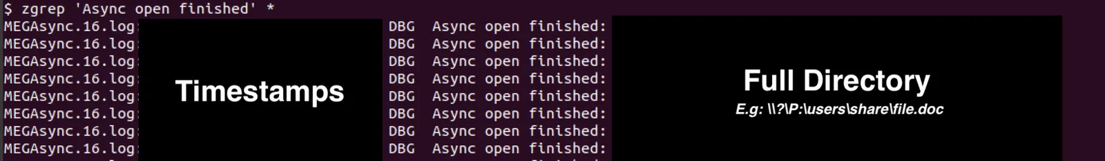 zgrep output of Async open finished log lines, with timestamps and full file paths blacked out