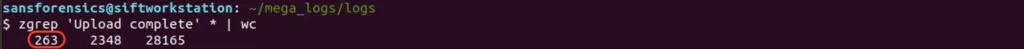zgrep piped to wc, with the line count of 263 uploaded files circled
