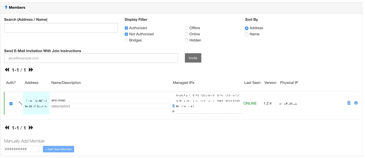 ZeroTier Members list with one authorized, online client named eric-imac