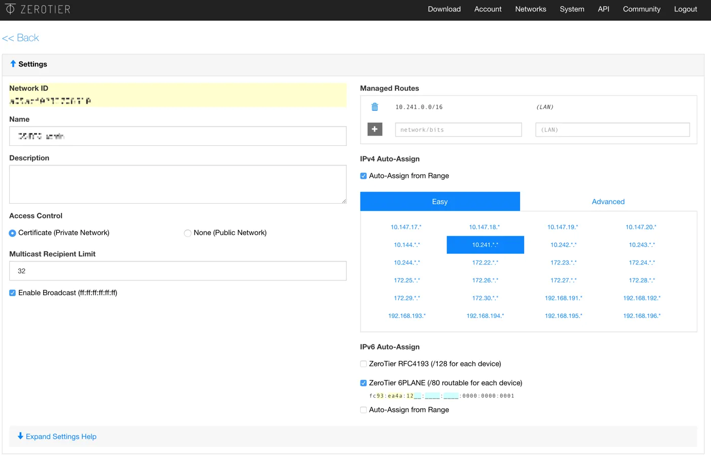 ZeroTier network settings: private access control, a 10.241.0.0/16 managed route and IPv4 auto-assign